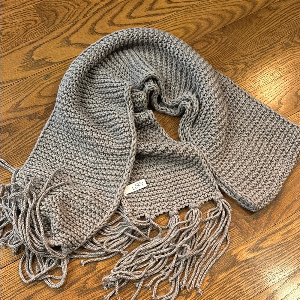 LOFT Gray Knit Scarf with Fringe